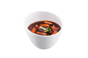 흰색 그릇에 담겨있는 한국의 분식 짜장 떡볶이.