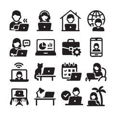 Black and white icons depicting remote work including people laptops and symbols.