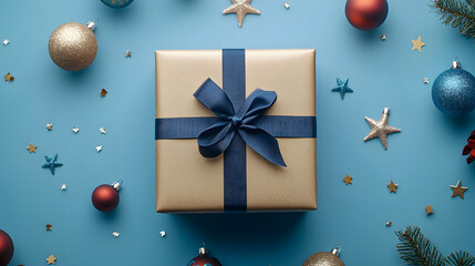 A beautiful top view Christmas present wrapped in gold paper with a blue ribbon