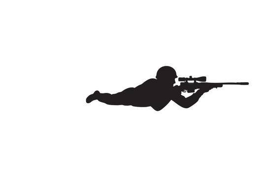 Silhouette of a soldier aiming a rifle with a scope prone position.