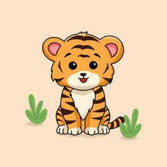 Cute Tiger Sit Pose Cartoon Vector Icon Illustration with Plants