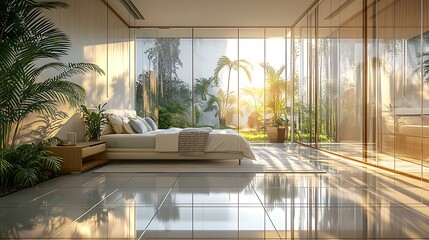 spacious bedroom enclosed in transparent glass walls, morning light reflecting off a glossy tiled floor, potted indoor plants adding freshness