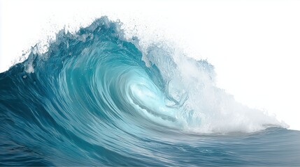 Powerful Ocean Wave Isolated on White Background with Splash and Curl