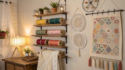Decorative Craft Room Background Featuring Handmade Fabric Wall Hangings, Thread Spools on Floating Racks, and Soft Fabric Textures Combining Vintage and Modern Styles Perfect for Creative Spaces