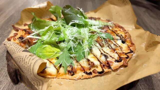 Rustic Italian Mushroom Arugula Pizza with Cheese, Top View_ Captured in a cozy Italian restaurant, this gourmet flatbread dish offers a savory, artisanal appeal