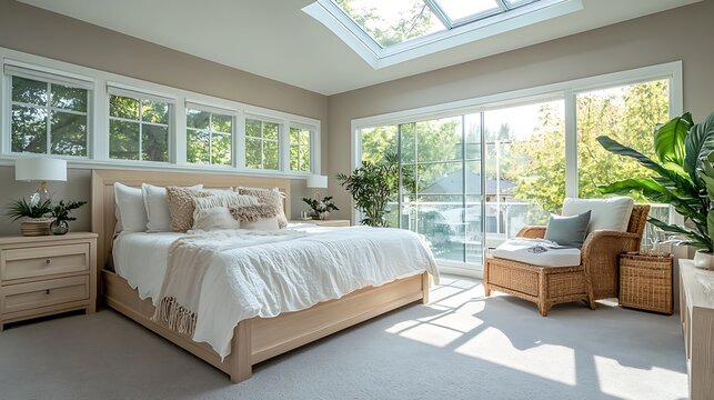 spacious daylight-filled bedroom with clear glass partition and natural tone furniture