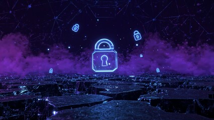 Translucent quantum keys hover over fractured digital terrain with neon blue particles against matte concrete textures. Ideal for cybersecurity articles, tech presentations, or sci-fi book covers.