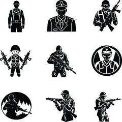 Black and White Soldier Silhouette Vector Set.