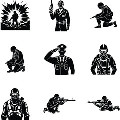 Military Soldier Silhouettes in Monochrome set