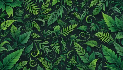 A detailed pattern of various fern leaves.