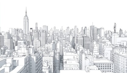Detailed line drawing of a city skyline