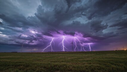 violet lasers create fractal plasma patterns redirecting lightning. Turbines blurred in gale winds. Perfect for energy industry reports, weather science articles, and futuris