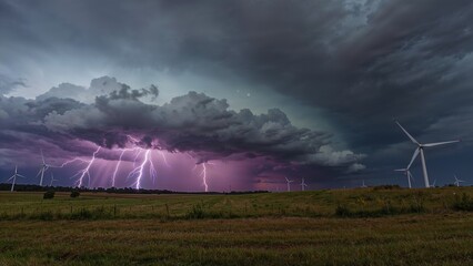violet lasers create fractal plasma patterns redirecting lightning. Turbines blurred in gale winds. Perfect for energy industry reports, weather science articles, and futuris