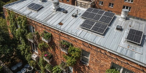 Wide-angle shot capturing mid-century brick building undergoing eco-transformation: cascading vertical gardens, rooftop solar installation with stacked panels