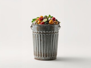 Photorealistic metal bin overflowing with fruit/vegetable waste on pure white background.