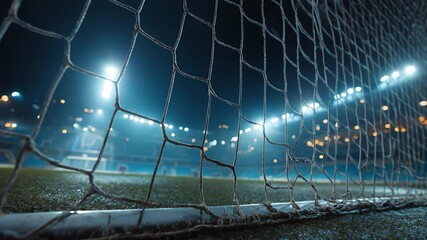 Looking through soccer goal net at empty Stadium at night with field lights shining bright - Powered by Adobe