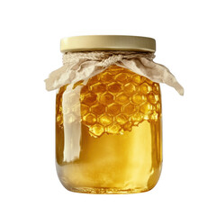 Natural honey in a jar that highlights honeycomb isolated on white and transparent background.