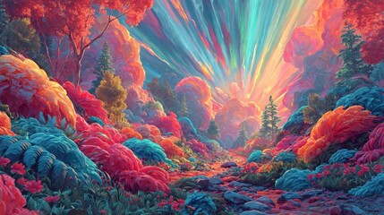 Enchanting colorful forest scene with bright sunlight streaming through the tall trees creating a magical and luminous atmosphere in nature's embrace