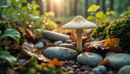Close-up of white mushroom surrounded by smooth stones and autumn leaves in forest sunlight
