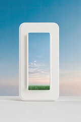 White Rounded Rectangle Frame with Pastel Sky and Grass View