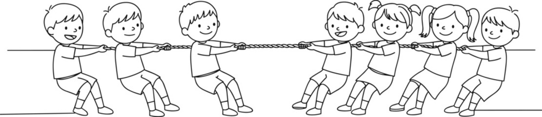 One line drawing of happy children playing tug of war, teamwork game, childhood fun, outdoor activity, friendship, competition, kids group sketch, joyful learning illustration.