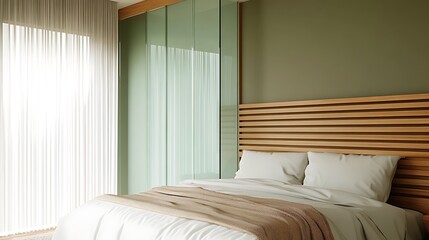 Studio apartment bedroom mockup with sliding glass dividers, horizontal wood slat headboard and dual-tone walls in