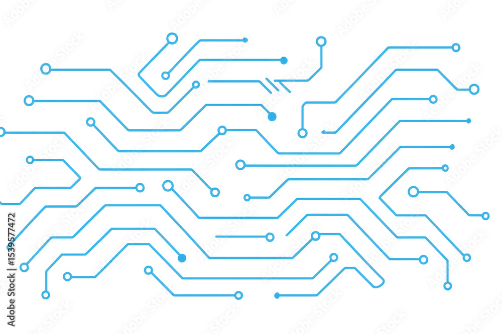 Poster complex blue pcb design illustrating data flow and connection on a transparent background, ideal for