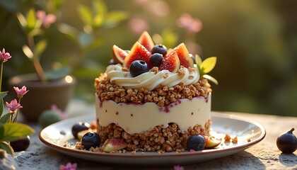 Dessert cake topped with fig slices, blueberries and cream on white plate outdoors