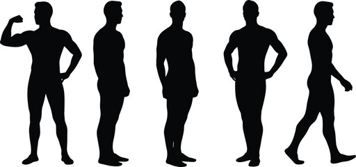 Male body silhouette poses, standing man figure vector, walking posture, fitness form, muscular man outline, gym body illustration