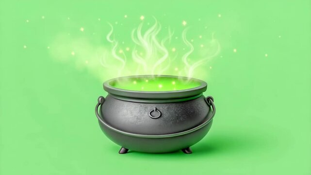 A magical cauldron bubbles with green potion emitting mystical smoke and sparkling particles against a vibrant green background perfect for Halloween fantasy themes.