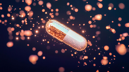 A glowing capsule pill disintegrates into sparkling particles against a dark background, symbolizing medicine, technology, and innovation.