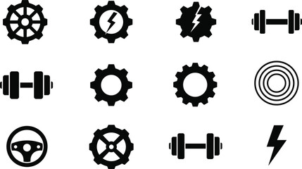 Vector gym gear icons, fitness dumbbells, electric bolt symbol, mechanical wheel design, training tools, strong power elements, black silhouettes