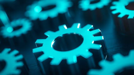 Close-up of shiny metallic gears interlocked, symbolizing mechanical precision and industrial technology in a cool blue light.