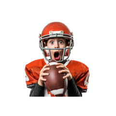 Young Boy in Football Helmet Making Excited Expression with Ball