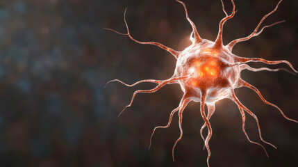 A glowing neuron cell with branching dendrites is depicted on a dark background, highlighting neural activity and complexity.