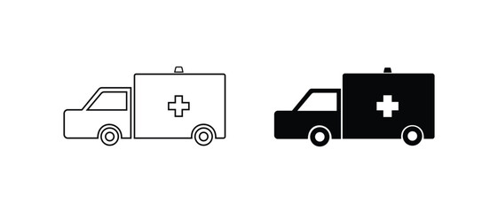 Ambulance vector icon. Patient transport vehicle vector icon. Ambulance truck vector icon. Medical transport car icon.