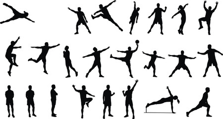 Silhouette of athletes performing various sports, fitness poses, jumping, stretching, running, yoga, training, workout movement, vector illustration icons