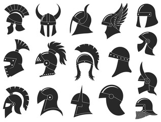 Military helmets vector icons set including ancient roman gallic norman viking greek spartan and medieval knight headgear

