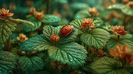 Close-up image of a ladybug crawling on green plant leaves showcasing the beautiful patterns and colors of this small insect in its natural habitat perfect for nature lovers and enthusiasts