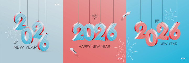 Colorful 3D “2026” numbers hang like ornaments against pastel backgrounds with fireworks and festive elements, celebrating the arrival of the new year