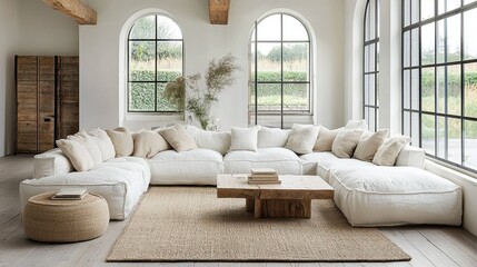 Bright living room featuring a large sectional sofa with pillows and arched windows in a modern home decor