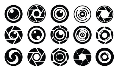 Camera lens icons set. Black shutter sign collection. Set photo camera lens diaphragm. Diaphragm icon, photography symbol vector illustration.