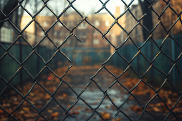 Background of old broken iron fence pattern. Background is a blurred city image.