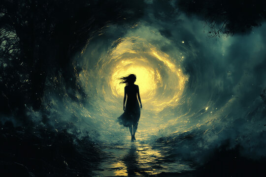 A young woman stands in front of a mysterious dimensional portal, which looks like a swirling cloud with light emitting from its center, creating a magical feeling.