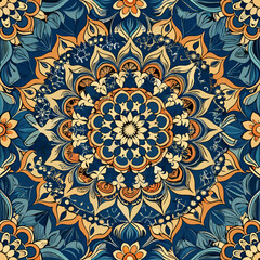 A highly detailed and repeating seamless pattern with edge-to-edge precision, featuring an intricate mandala design. The central element should have layered floral and geometric motifs, radiating outw