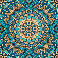 A highly detailed and repeating seamless pattern with edge-to-edge precision, featuring an intricate mandala design. The central element should have layered floral and geometric motifs, radiating outw