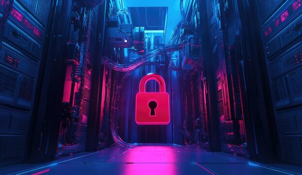Futuristic server room, glowing padlock