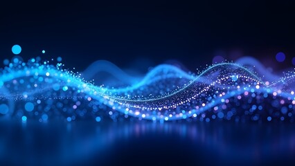 Immersive data wave of glowing particles and light trails flows upward in rhythmic digital network lines.