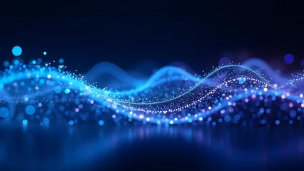 Rolgordijnen zonder boren Immersive data wave of glowing particles and light trails flows upward in rhythmic digital network lines. © Cici