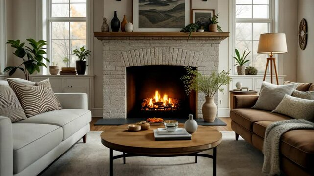 A beautifully decorated living room featuring a lit fireplace and cozy seating arrangement.